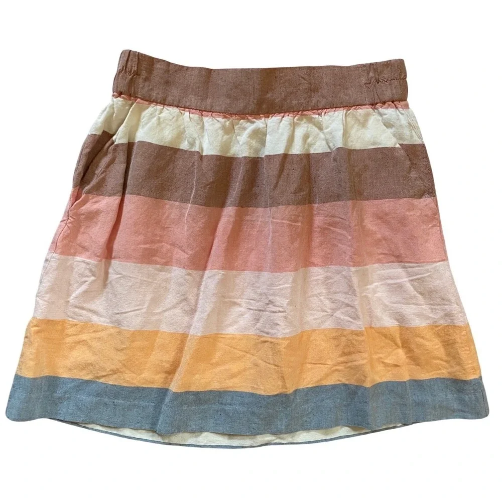 LOFT Womens Linen Blend Striped Mini Skirt Multi Color Elastic Waist Size S